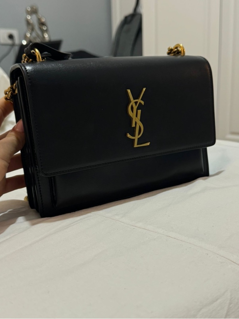 Saint Laurent Black Leather Shoulder Bag with Gold YSL Logo